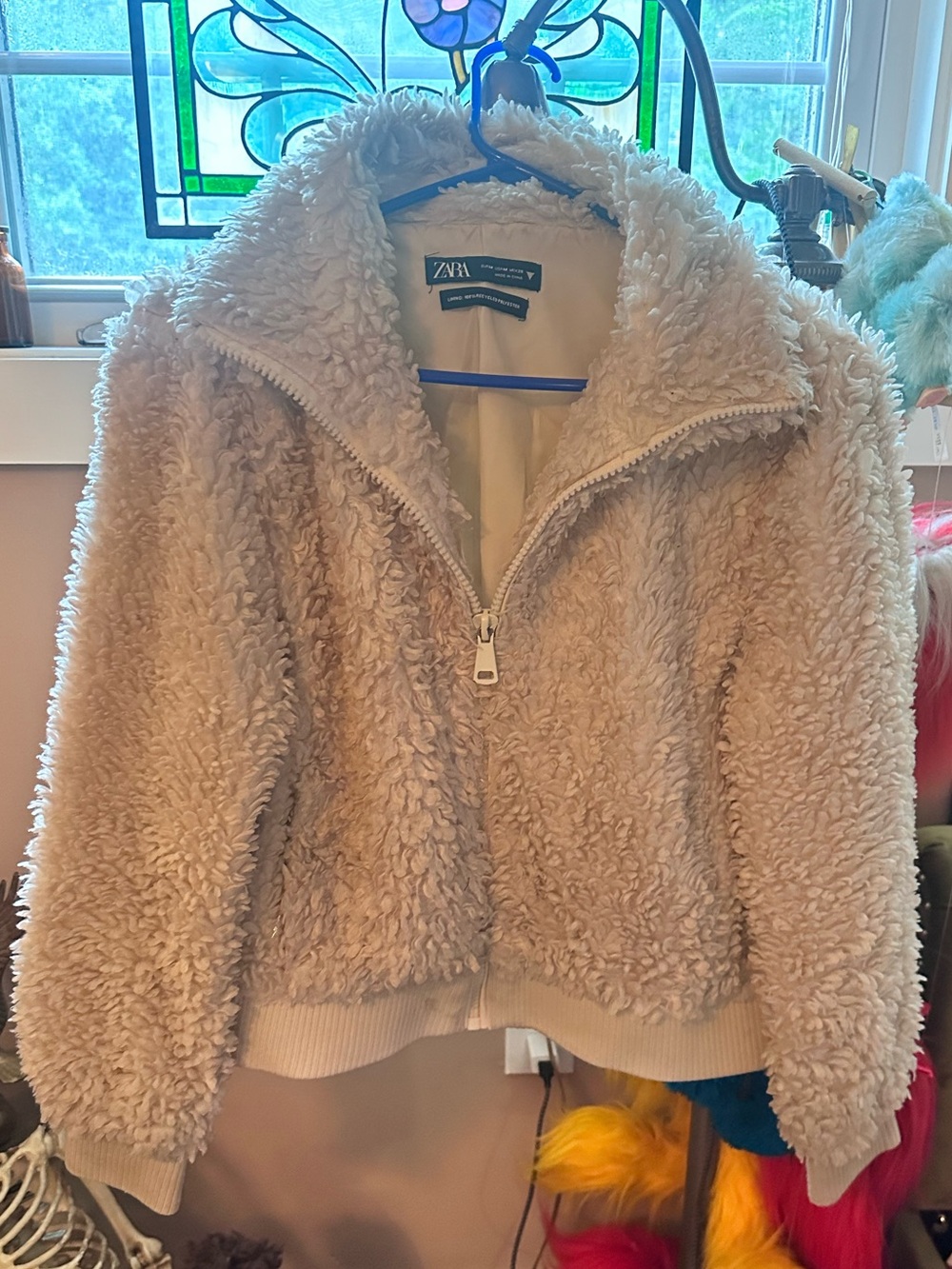 Zara Plush Teddy Sherpa Zip Jacket in Light Cream